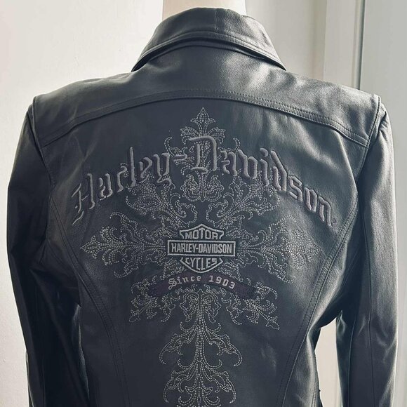 Harley-Davidson Black Leather Moto Jacket with Embroidered Filigree – US L - Picture 2 of 12